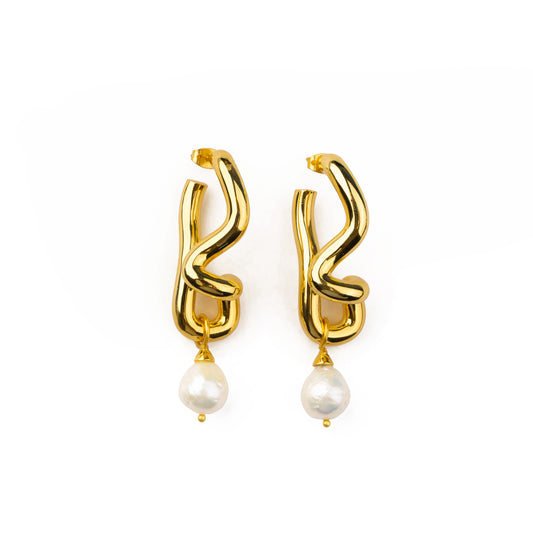 Freeform Pearl Drop Gold Hoops